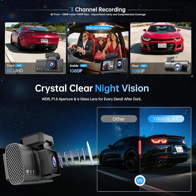 3 Channel Dash Cam: 4K+1080P+1080P-Dash Cam Front and Rear Inside with Free 64GB Card & 5GHz WiFi - Dash Camera for Cars with IR Night Vision APP Control Parking Mode G-Sensor Loop Recording(X7)