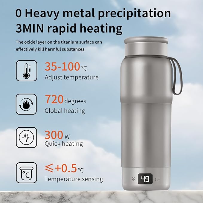 ZING TTI Pure titanium Electric Heated Travel Kettle,17.5 oz,Double-layer vacuum, Portable Electric Kettle, Adjustable Multi-Temperature Settings, 100V-240V Compatible, Grayl Water Bottle.