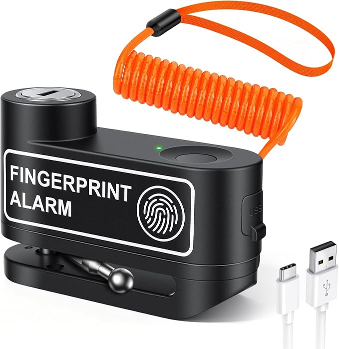 Motorcycle Disc Lock with Fingerprint Unlock, 120dB Anti-Theft Waterproof Alarm Brake Lock, 7mm Pin & 5ft Reminder Cable, for Motorcycles Bike Scooter
