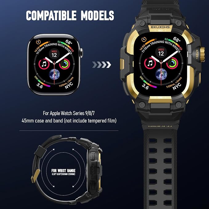 BXUXOHS Rugged Case and Band for Apple Watch 45mm Men, Compatible with Apple Watch Series 9/8/7, Military Grade Shockproof Bumper Cover, Tactical Band Case for iWatch 9/8/7 Man, Gold