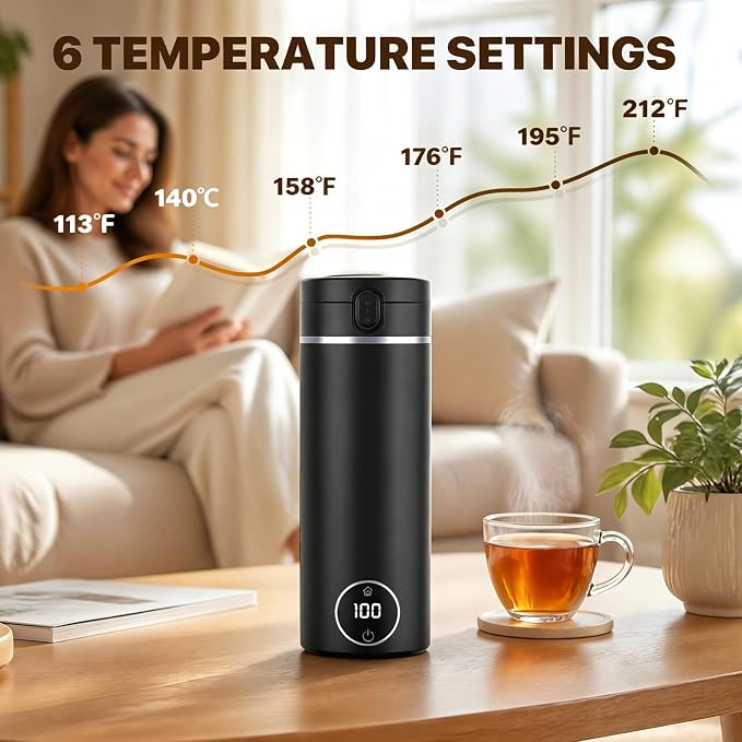 Portable Travel Electric Tea Kettle,6 Preset Temp Plug-in Keep Warm,15 OZ Small Hot Water Boiler,304 Stainless Steel,Auto Shutoff&Boil Dry Protection,Termo Electrico Portatil Black for RV Travel