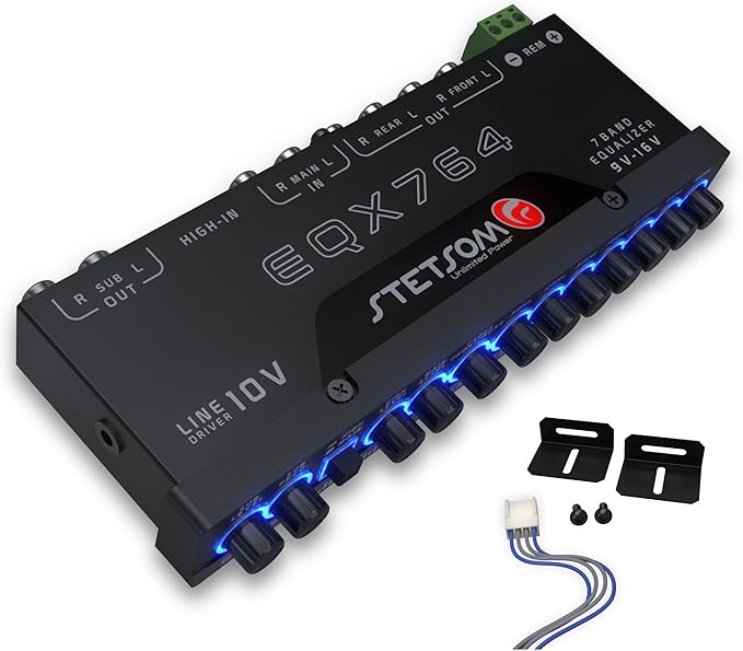 Stetsom EQX764-7 Band Equalizer, Pre-Amp Car Audio Graphic Equalizer with 4 Inputs (RCA & High) 6 Outputs, 10v Line Driver to Avoid Noise and Dedicated Sub Controls (Level & Frequency)