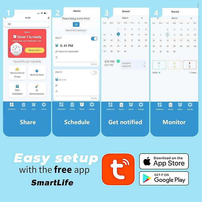 Smart WiFi Automatic Pill Dispenser with App, Locked Medication Organizer for Elderly - Tracks Adherence History, 28 Slots, Sound/Light/APP Alerts, Up to 9 Alarms/Day, for Vitamins, Supplements