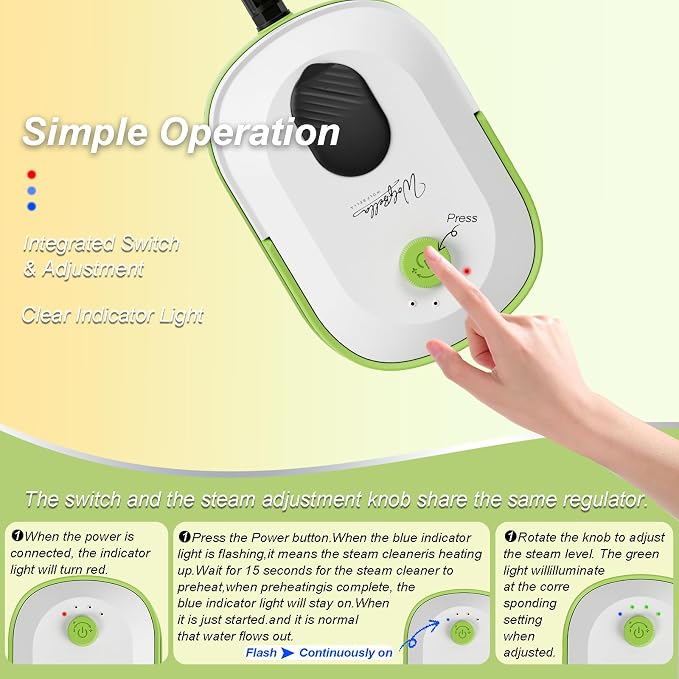 Steam Cleaner, 15s Heat-Up,1.4L Tank,Steamer for Cleaning with 14-Piece Accessories, 3 Steam Levels, chemical-free Cleaning Tile, Grout, Dirt, Grease & Car (white＆green)