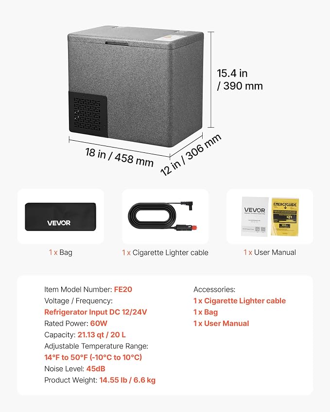 VEVOR 12 Volt Refrigerator, 21.1 QT/ 20L Car Fridge, Portable Ultra-Light EPP Freezer, APP Control Electric Compressor, 12V/24V DC, 14℉ to 50℉, for Truck Van RV SUV Boat Travel Camping