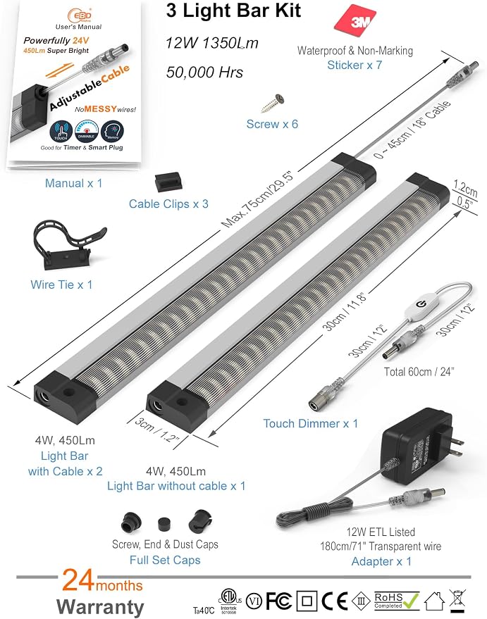 LED Under Cabinet Lighting Touch cabinet light Built-in Adjustable Cable No MESSY Wires! 3 Panel Counter Lights for Kitchen Garage Pantry Closet 3000K 1350Lm Super Bright Good for Timer Smart Plug