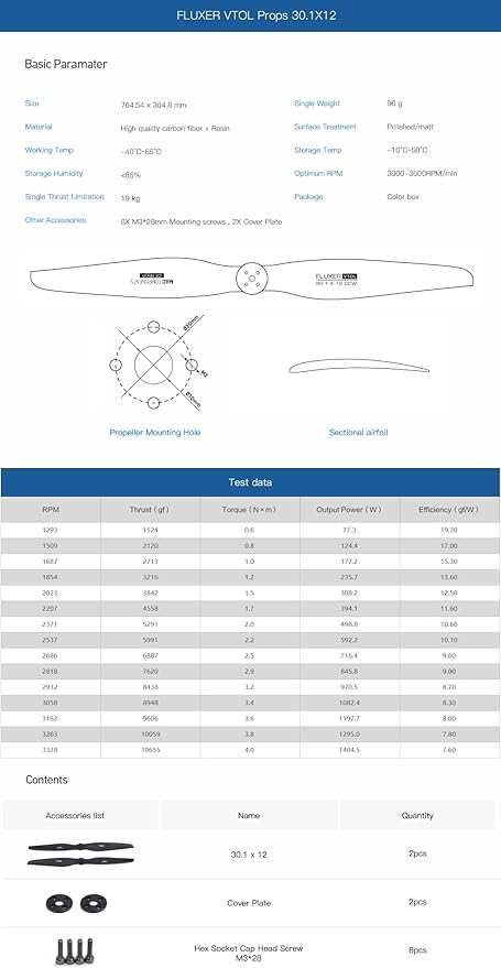 FLUXER VTOL 30.1X12 in-D10-D20(M3X4) 1 Pair Carbon Fiber Propeller CW CCW Drones Props for Multicopter Quadcopter Hexacopter RC DIY Hobby