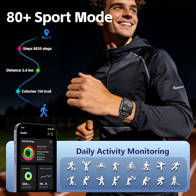 AI Smart Watch with Voice Recorder, Transcribe & Summarize with AI for Meetings, App Control, Supports 135 Languages, 2.13" AMOLED Display, Health, Fitness & Sleep Tracker, 80+ Workout Modes, Black