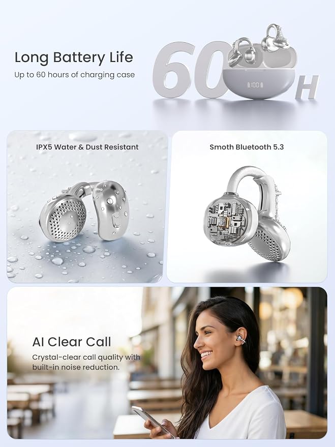 JewelPods C3 Wireless Bluetooth Earbuds, Jeweled Open-Ear Headphones, SLV | Ultra-Light Memory Wire Clip-On Earrings for All-Day Comfort, 60H Playtime, Sweat & Water Resistant, Premium Sound