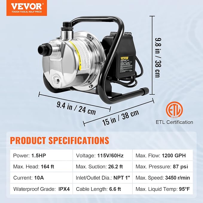 VEVOR Shallow Well Pump,Garden Jet Pump, 1.5 HP 115V, 1200 GPH 164 ft Height, Stainless Steel Sprinkler Booster Jet Pumps for Garden Lawn Irrigation system, Lake Fountain, Water Transfer