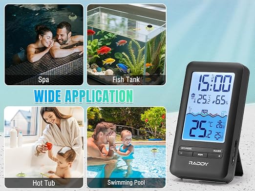 Raddy PT-5 Wi-Fi Pool Thermometer, Wireless Smart Floating Sensor with Indoor Console, APP Remote Monitoring, IPX8 Waterproof, Solar & USB-C Rechargeable, for Hot Tub Spa Swimming Pool Tank Aquarium