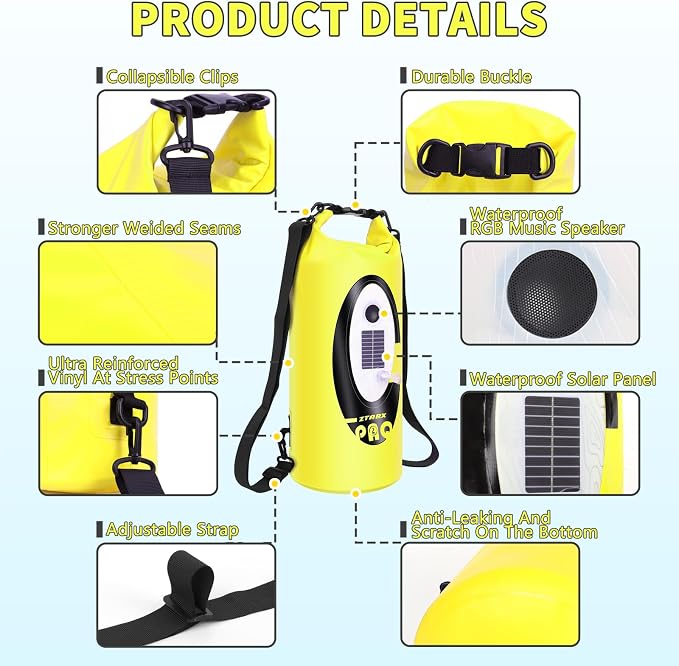 FELICON Waterproof Dry Bag Backpack with Bluetooth Speaker, 10L Roll Top Floating Sack, Solar & USB-C Powered Emergency Charger, RGB Light, Heavy Duty PVC for Kayaking Camping, Neon Yellow