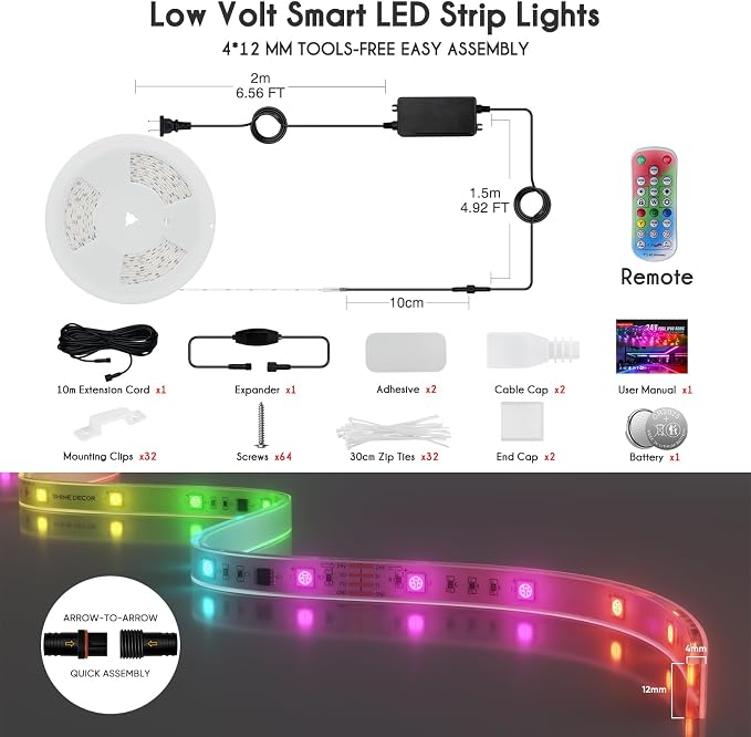Shine Decor IP68 LED Strip Light 52.5 FT, DC 24V RGB+IC LED Strip Lights, Outdoor Rope Lights with Remote APP Control Music Sync, Color Chasing LED Lights Strip for Chrismas, Pool, Home Decor