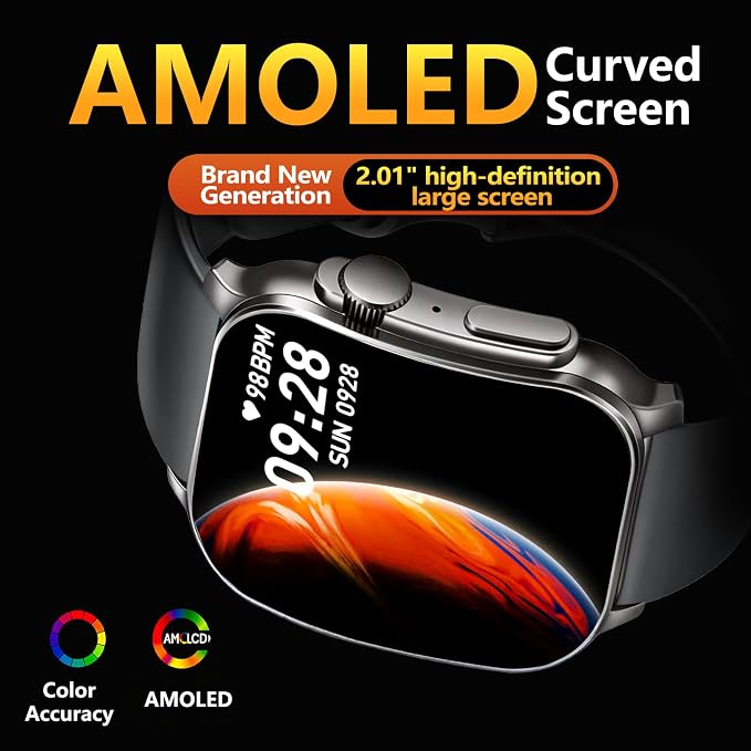 Poounur Smart Watch, 2.01" AMOLED Curved Touchscreen Fitness Watch for Men Women, IP68 Waterproof, 24/7 Heart Rate/Sleep Monitor, Fitness Tracker with Pedometer, 120+ Sports Modes