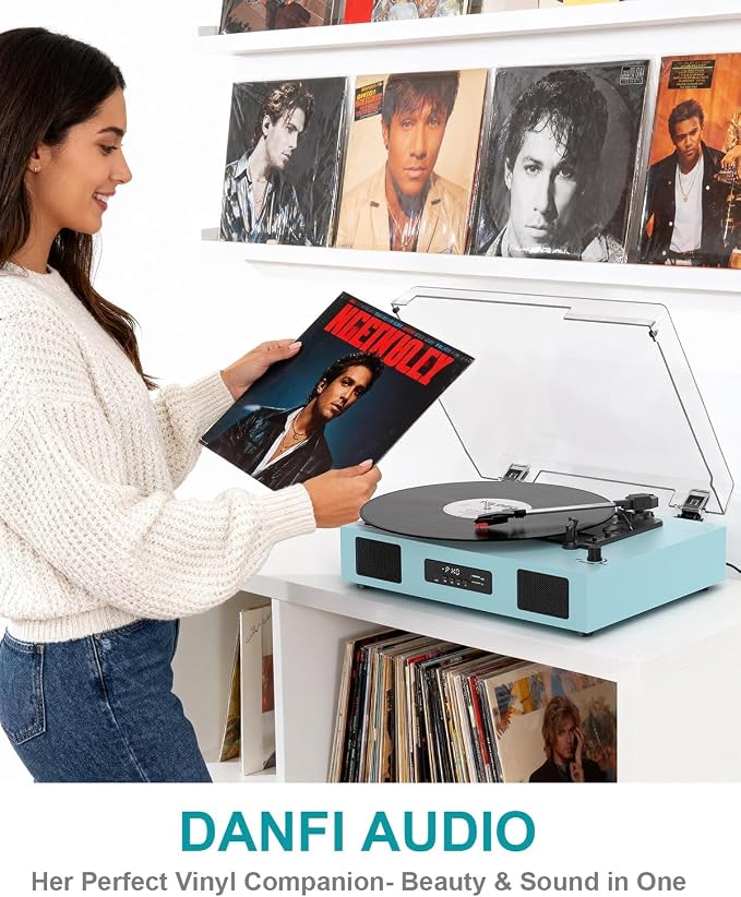 Vinyl Record Player with Bluetooth, 3-Speed Belt-Drive Turntable with Built-in Speakers, USB Recording, RCA/AUX/Headphone Jack, Classic Blue Record Player