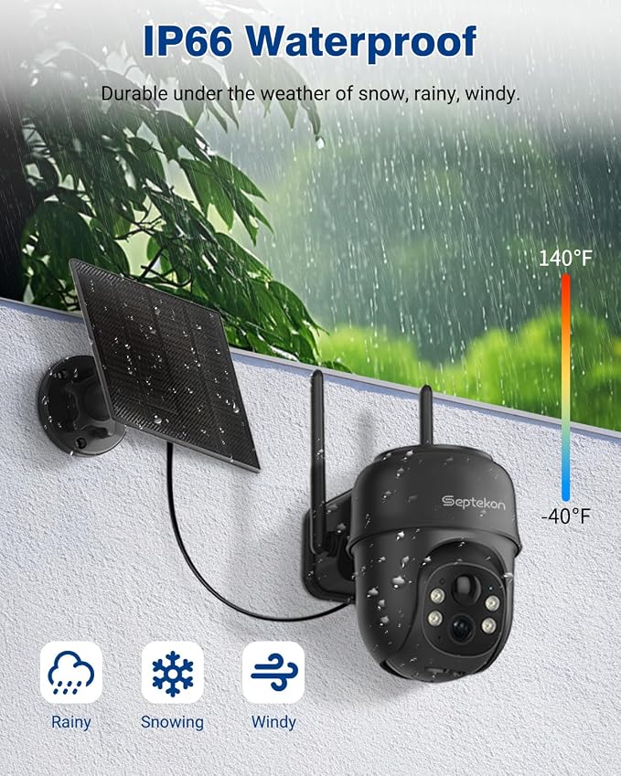 Septekon 2K Solar Security Cameras Wireless Outdoor 2 Pack, 360°PTZ Battery Powered Outdoor Camera, 2.4G WiFi Camera with Spotlight Color Night Vision, Motion Sensor Alarm, IP66, Black