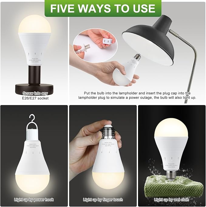 DEBAOBULB 10 Pack Rechargeable Emergency Light Bulbs, Battery Powered LED Light Bulb 3000K Warm E26 120 Volt 9W 60W Equivalent with 1200mAh for Home Power Outage Camping Hurricane