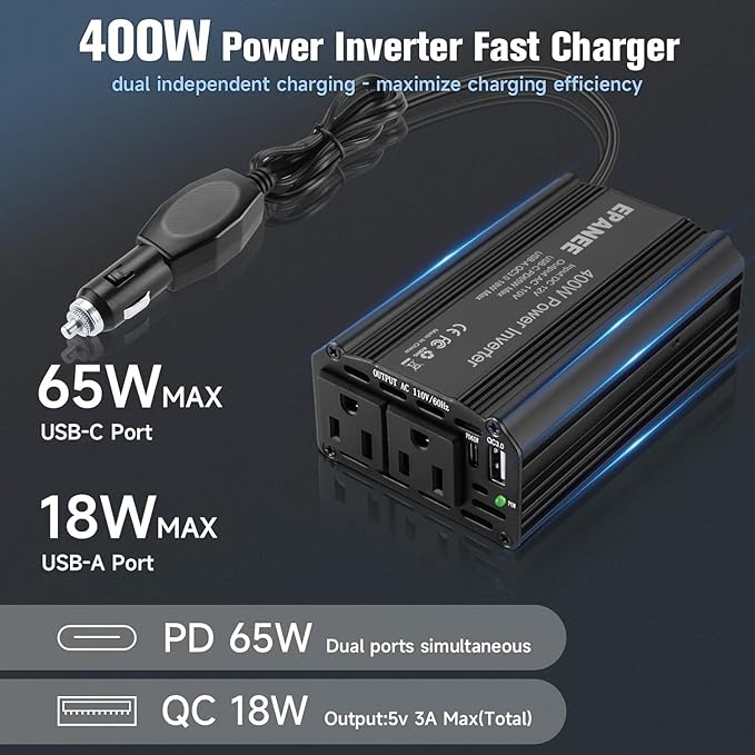 400W Power Inverter 12V DC to 110V AC, Car Charger Plug in Adapter Outlet with PD 65W USB-C&QC 18W Port, Portable Power Converters for Laptop Vehicles Camping Road Trip Essentials Adults-Black