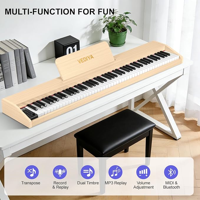 Digital Piano Keyboard 88 key,Semi-Weighted Electric Piano,Full Size Acoustic Piano for Beginners with,Pedal, USB-MIDI Compatibility (Apricot)