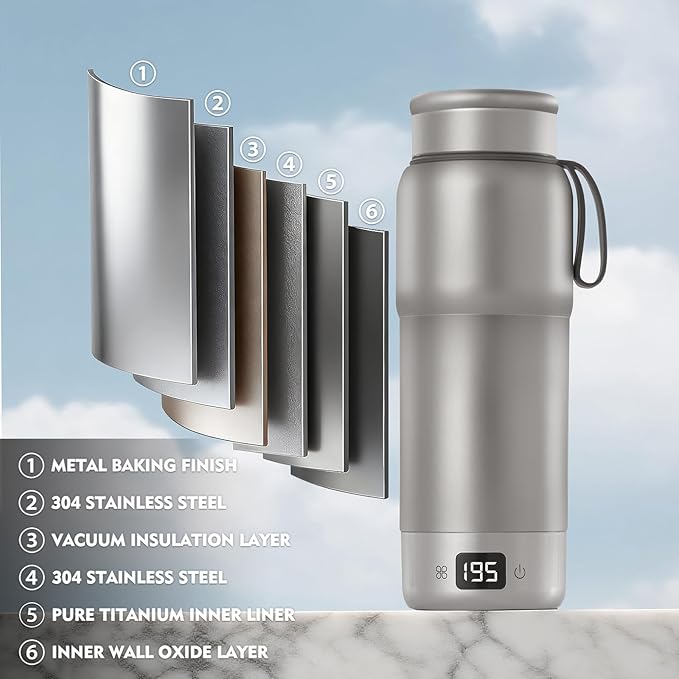 ZING TTI Pure titanium Electric Heated Travel Kettle,17.5 oz,Double-layer vacuum, Portable Electric Kettle, Adjustable Multi-Temperature Settings, 100V-240V Compatible, Grayl Water Bottle.