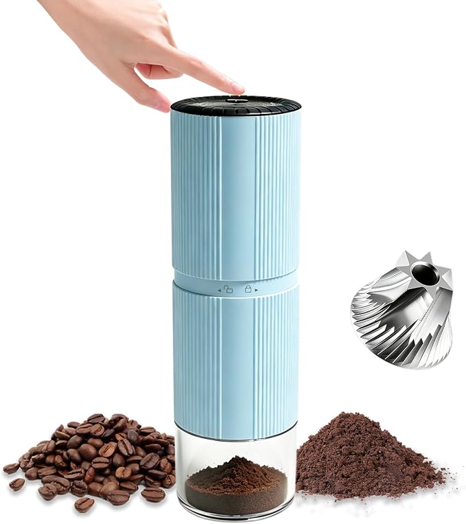 Portable Electric Coffee Grinder, 7-Blade Conical Stainless Steel Burr, 30+ Adjustable Settings, USB-C Rechargeable Cordless Handheld Metal Shell for Espresso & Travel - Blue
