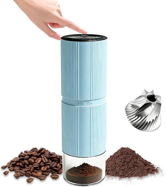Portable Electric Coffee Grinder, 7-Blade Conical Stainless Steel Burr, 30+ Adjustable Settings, USB-C Rechargeable Cordless Handheld Metal Shell for Espresso & Travel - Blue