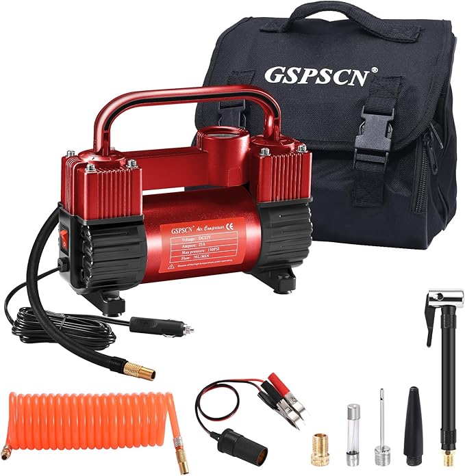 GSPSCN 12V Heavy Duty Tire Inflator Metal Portable Air Compressor Pump | 6X Faster Inflation Dual Cylinders 150PSI Air Pump with Adapter for Car, RV,Pickup Truck, SUV, Van,Camper, Air Bed,Ball