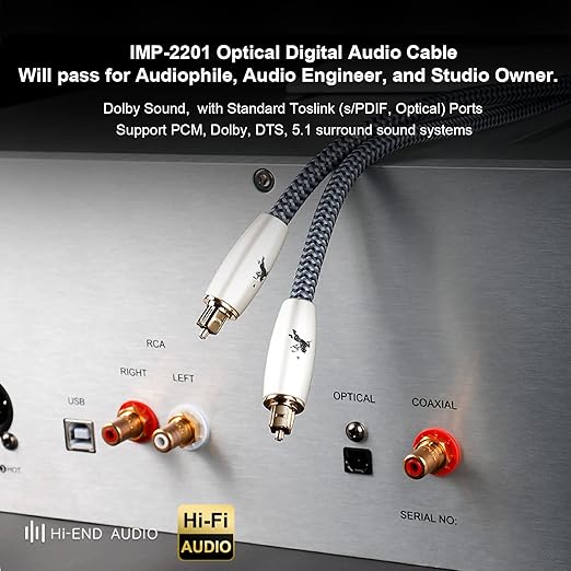 Premium Fiber Optic Audio Cable 6.5ft (2m) | Toslink S/PDIF | 24K Gold-Plated | Glass Core | for Soundbars, TVs, PS5, Xbox