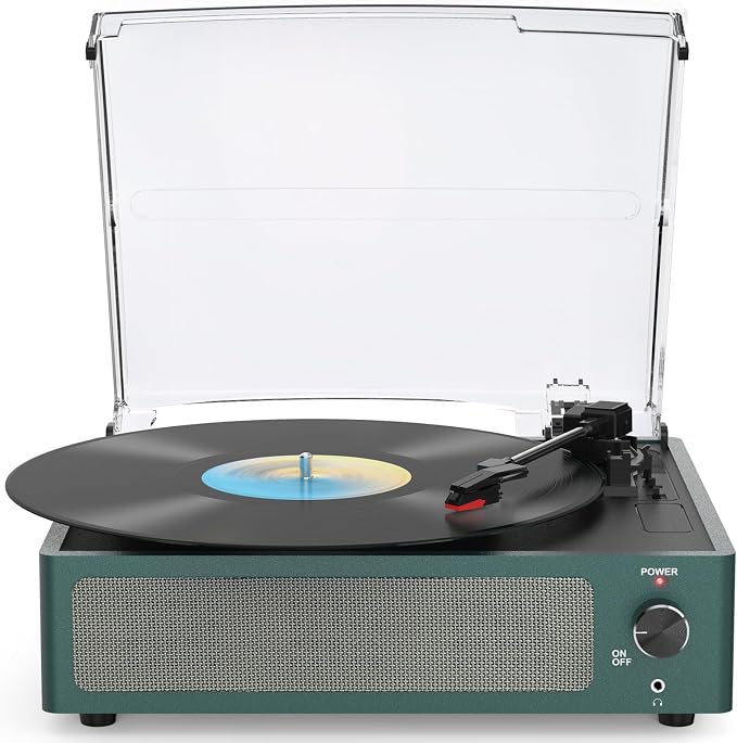 Record Player with Speakers Turntable for Vinyls Records Belt-Driven Turntables LP Vinyl Players Support Auto Stop 3-Speed 3 Size Wireless Playback Headphone AUX RCA Line Out New Sleek Dark Blue