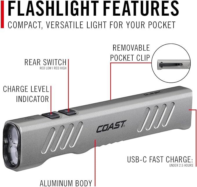 Coast Slayer RED 1000 Lumen USB-C Rechargeable LED Flashlight with Red Mode, Spot/Flood, Memory Mode and Pocket Clip