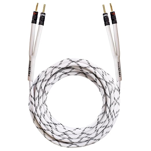 12 AWG Speaker Cable Wire with Banana Plugs, 12 Gauge Banana Wire for Bi-Wire Bi-Amp HiFi Surround Sound - 99.99% OFC Copper, Gold Plated Tips - White, 35 Ft