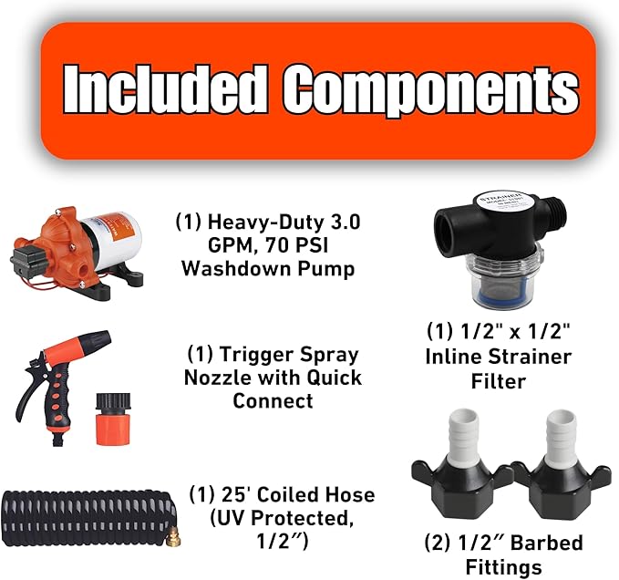 SEAFLO 33 Series Washdown Deck Wash Pump Kit - 12V DC, 3.0 GPM, 70 PSI, Heavy Duty Pressure Switch, for RV, Boat, Marine, Yacht, Freshwater, and Saltwater Applications | 4-Year Warranty