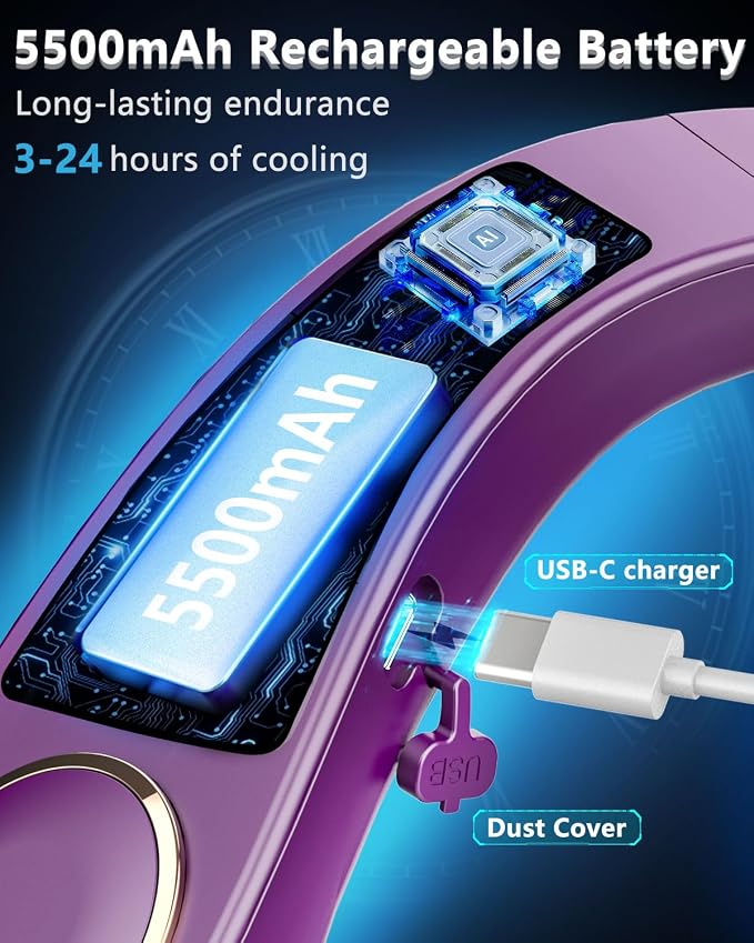 FWV Neck Air Conditioner with Cooling Plate, 1S Quick Cool 59℉, Rechargeable 5500mAh 3-24Hrs Lasting, LED Display Wearable Neck AC, Cordless Bladeless Personal Cooling Fan for Kid Adult Girl Purple