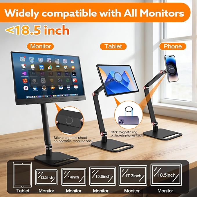 Portable Travel Monitor Stand, Strong Magnetic Portable Monitor Holder, iPhone/iPad Stand for 4.7" 12.9" 15.6" 16" 17.3" 18.5'' Screens, Universal Screen Extender Base Adjustable Tablet Holder