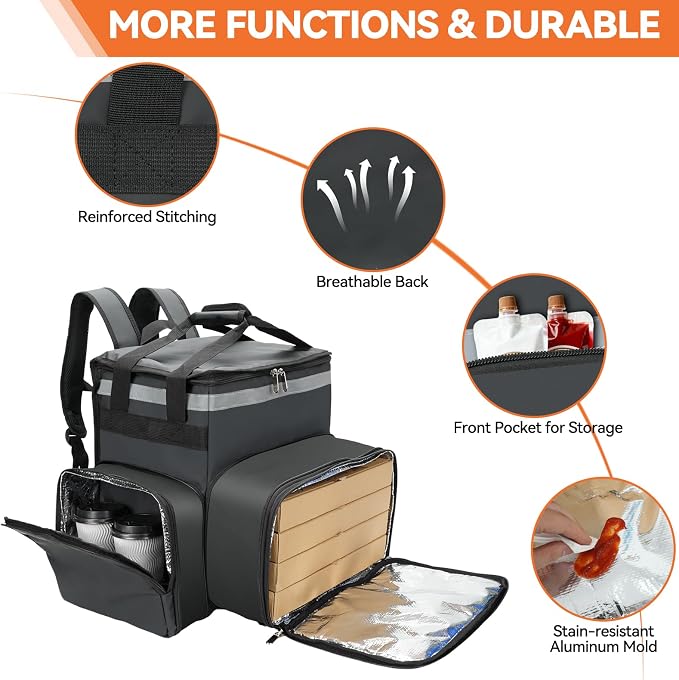 Food Delivery Backpack with 4 Expandable Cup Holders,Insulated Food Delivery Bags for Takeout Bike, Expandable Large Pizza Takeout Bag for Hot/Cold Fits for Uber Eat,Camping (500D tarpaulin)