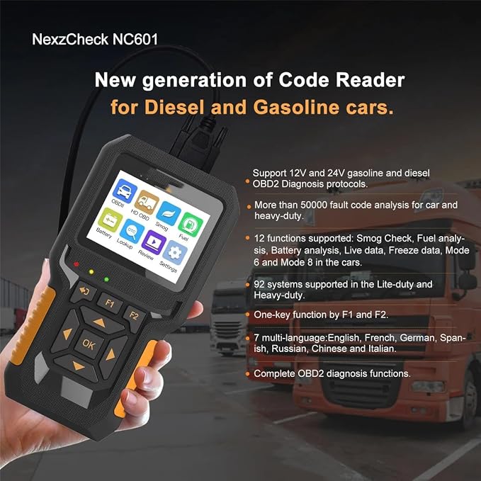 NC601 12V 24V Gasoline And Diesel OBD2 Code Scanner Engine Service Tool Read Data And Remove Truck Fault Decoder Diagnostics