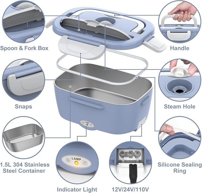 WisaKey Cordless Electric Lunch Box for Adults,APP Control Heated Lunch Box for Men Food Warmer Rechargeable Lunch Box 248℉ Timer Self Heating Lunch Box,5-sided Heated Lunchbox for Work