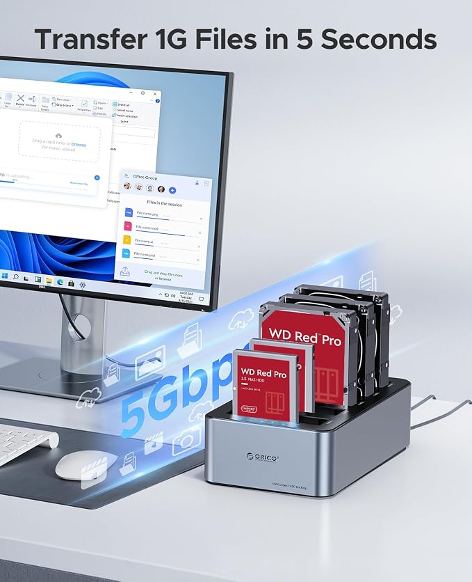 ORICO USB C 5 Bay Hard Drive Cloner/Duplicate Hard Drive Docking Station Aluminum USB 3.2 Gen 1 for 2.5''/3.5'' SSD HDD Up to 20TB-6656C3