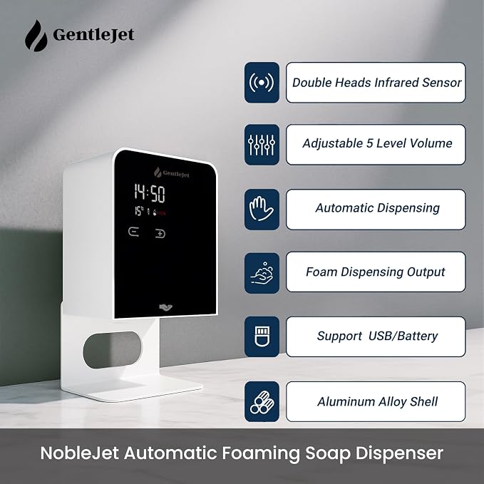 GentleJet NobleJet Automatic Foaming Soap Dispenser Touchless Sensor, LED Display, 5 Foam Levels, Wall Mount or Countertop, Rechargable USB-C or Battery Powered, Aluminum Alloy, 480 ml Refillable