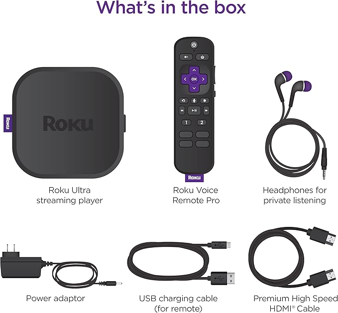 Roku Ultra | The Ultimate Streaming Device 4K/HDR/Dolby Vision/Atmos, Rechargeable Roku Voice Remote Pro, Ethernet Port, Hands-Free Controls, Lost Remote Finder, Free & Live TV