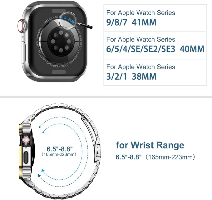 MioHHR Stainless Steel Watch Band with Case Compatible for Apple Watch Bands 40/41 mm,Rugged Strap with Metal Protective Bumper Cover for iWatch Series 8/7/6/5/4/SE for Men(Silver/Gold)
