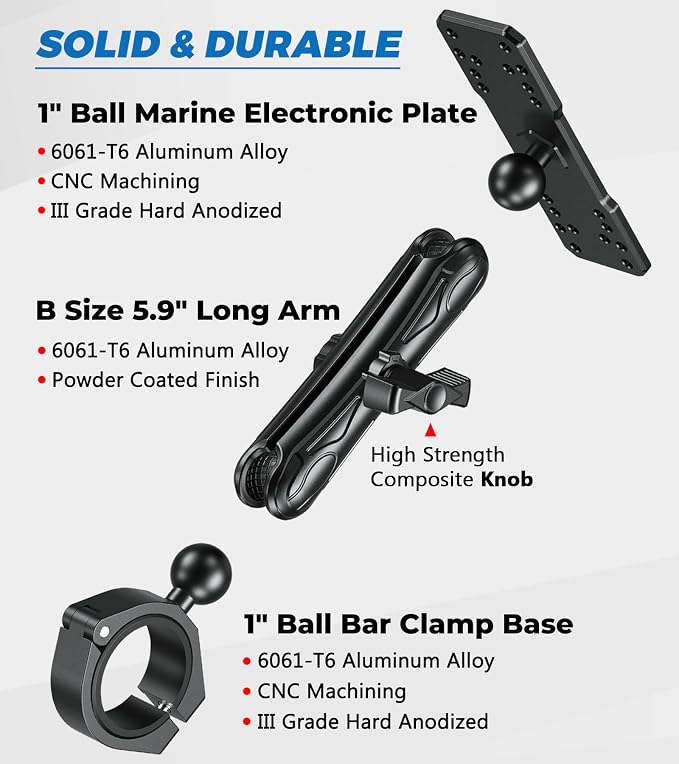 VAZESWIN Aluminum Alloy 1" Ball Fish Finder Mount, 5.9" Long Arm Marine Electronic Mount with Bar Clamp Base, Fit 1.5" 1.65" 1.75" 1.85" 2" Round Rail, for Garmin, Lowrance, Humminbird, Raymarine