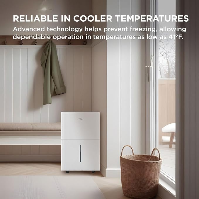 TCL 25-Pint Capacity Quiet, Energy Efficient Portable Dehumidifier, Precise Humidity Control, Bucket or Continuous Drain, Compact Humidity Absorber for Home, Attic, Garage & Rooms up to 2000 Sq Ft