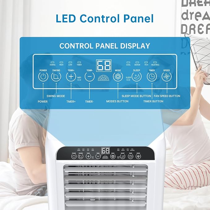8000 BTU Portable Air Conditioners - 3-in-1 AC Unit for 350 Sq.Ft Rooms with Dehumidifier, Timer, Remote & LED Display