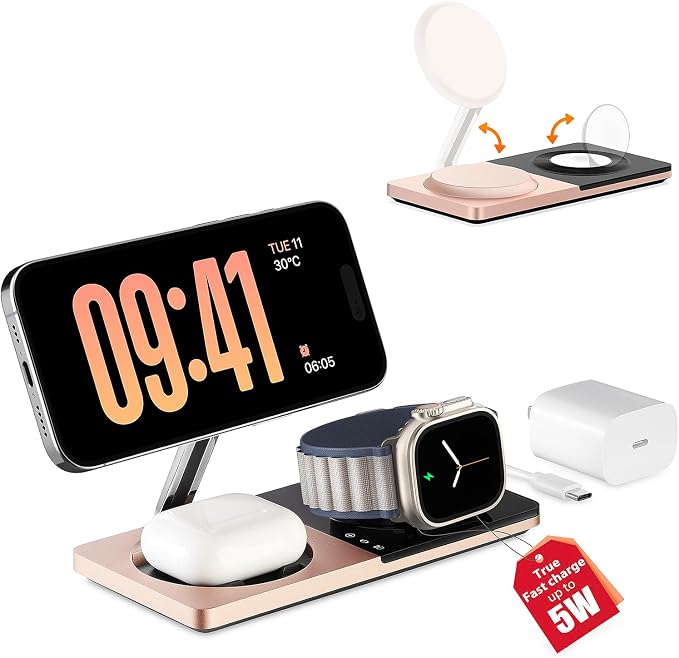PETINO 3 in 1 Wireless Charging Station for Apple Devices with MagSafe | For iPhone 17/Air/16/15/14/13/12, AirPods & Apple Watch, Foldable Portable Aluminum Charging Stand, Adapter Included