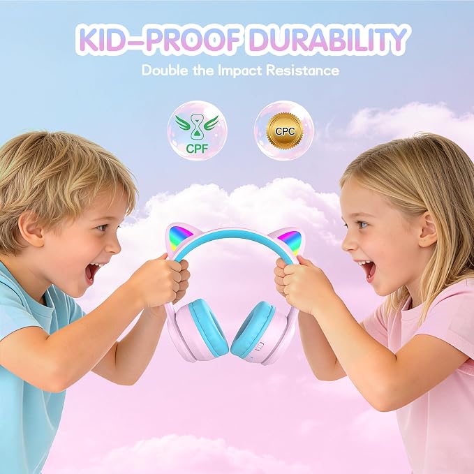 IFECCO Kids Wireless Headphones with Case,Cute LED Light Up Cat Ear Children Girls Bluetooth 6.0 Headphones Volume-limiting for School iPad Tablet Gifts