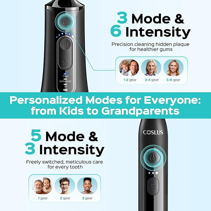 COSLUS C51C30 Electric Toothbrush with Water Flosser Combo: Portable Oral Clean Kit for Teeth Brushing & Flossing, Multiple Modes for Multiple Users, Cordless for Home & Travel Use, Black