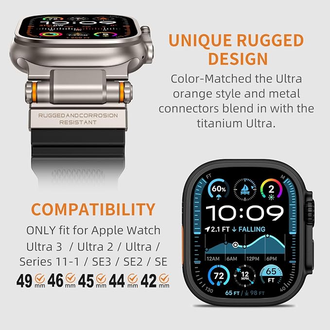 FOAMUNOC Rugged Band Compatible with Apple Watch Ultra 3/2/1 Band 49mm/46mm/45mm/44mm/42mm, Metal Connector with Strap for iWatch Ultra Series 11/10/9/8/7/6/SE3/SE2/SE/5/4/3/2/1, Black/Titanium