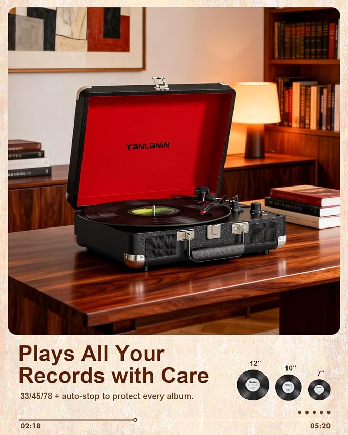 TANALNIN Vinyl Record Player, 3-Speed Bluetooth Portable Suitcase Turntable with Built-in Speakers, USB Recording, RCA Output, AUX Input/Output, Vintage Vinyl Player for Home, Bedroom or Gifting,Black