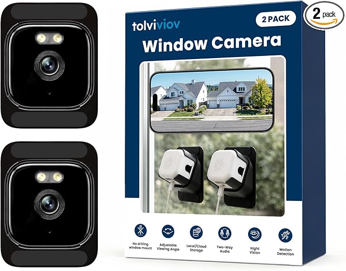 2K Indoor Window Camera with Adjustable Mount, No Drill Window Security Camera, Anti-Glare Glass Design, Night Vision, Local Storage, Easy Install Camera for Indoor Monitoring Outdoor (2 pack)